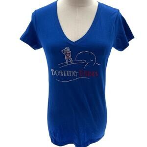 Next Level Blue "Boating Babes" Sequin V-Neck Short Sleeve Fitted T-Shirt- M